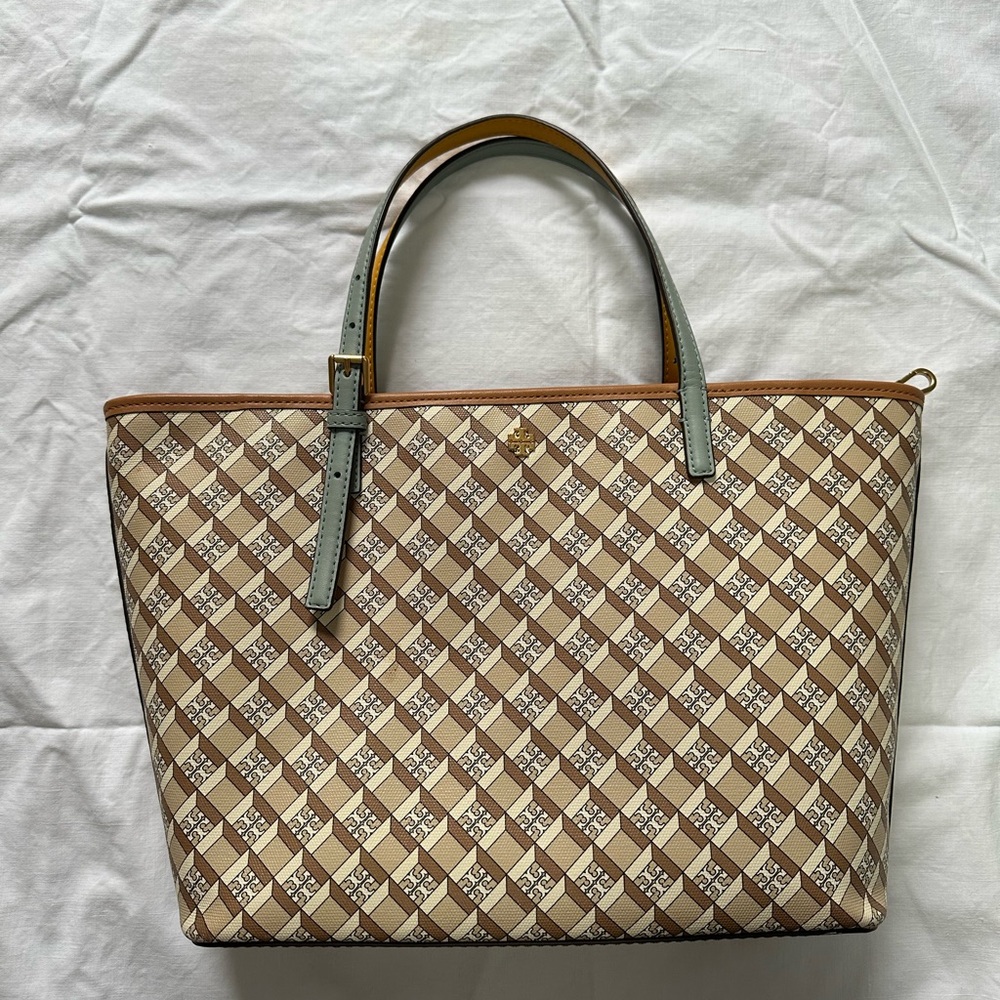 Tory Burch Leather Monogram Brown and Tan Tote Bag